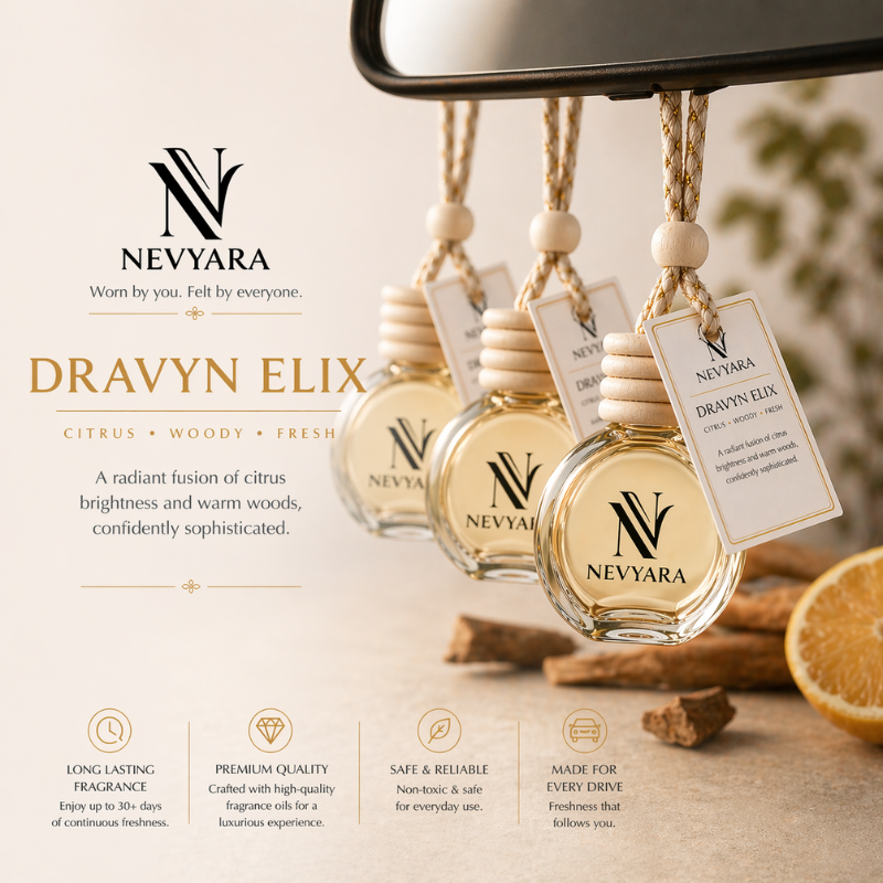 Nevyara Car Diffuser 10ml | Premium Long Lasting Car Perfume | Hanging Air Freshener | Liora Veil, Celune Sora, Aerion Blue, Dravyn Elix, Veyron Haze