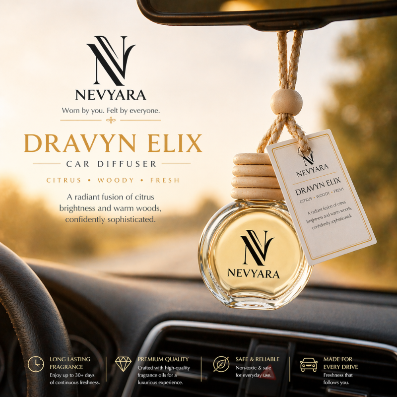 Nevyara Car Diffuser 10ml | Premium Long Lasting Car Perfume | Hanging Air Freshener | Liora Veil, Celune Sora, Aerion Blue, Dravyn Elix, Veyron Haze