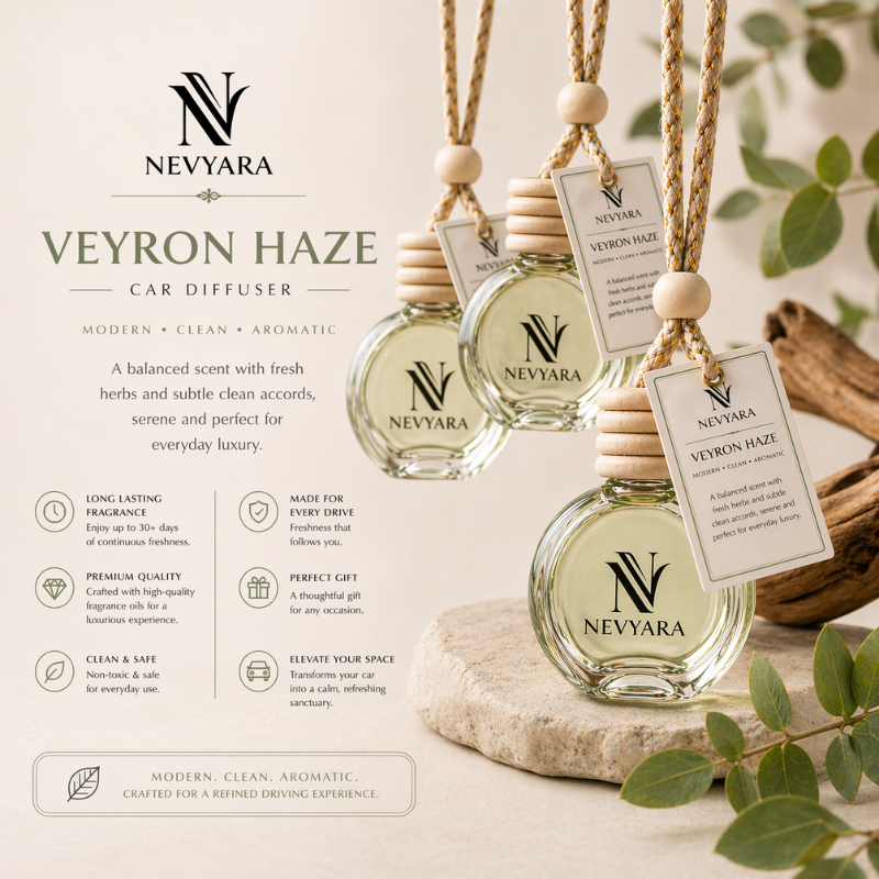 Nevyara Car Diffuser 10ml | Premium Long Lasting Car Perfume | Hanging Air Freshener | Liora Veil, Celune Sora, Aerion Blue, Dravyn Elix, Veyron Haze