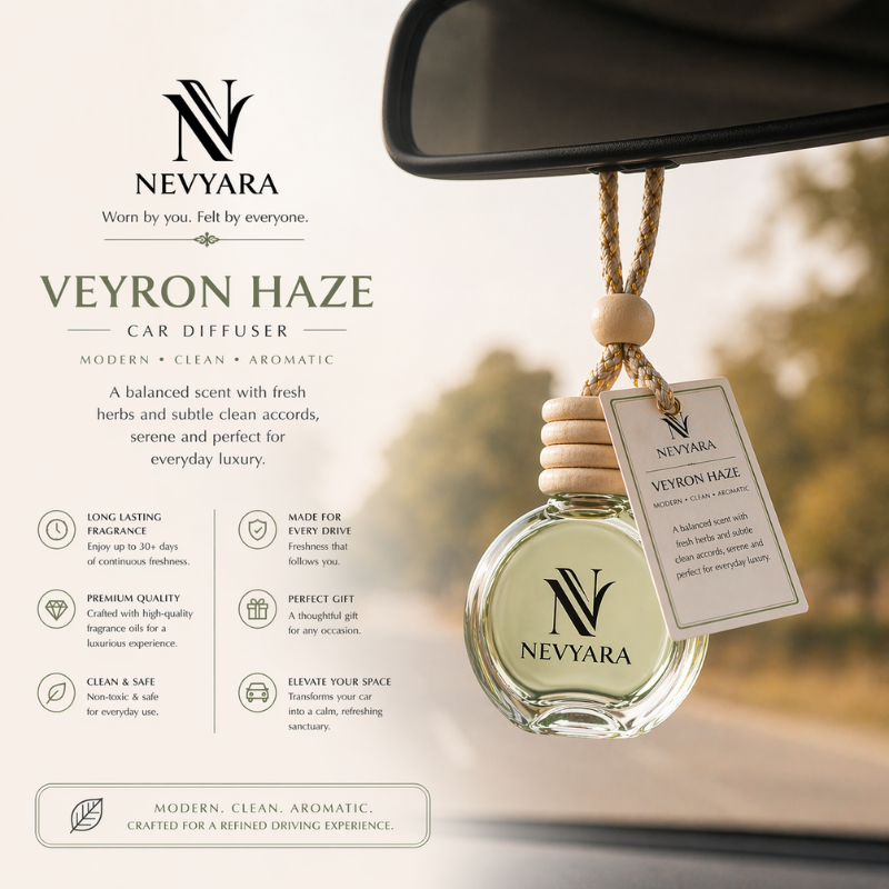 Nevyara Car Diffuser 10ml | Premium Long Lasting Car Perfume | Hanging Air Freshener | Liora Veil, Celune Sora, Aerion Blue, Dravyn Elix, Veyron Haze
