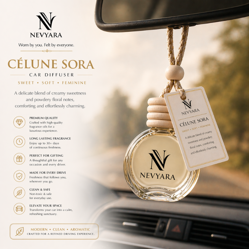 Nevyara Car Diffuser 10ml | Premium Long Lasting Car Perfume | Hanging Air Freshener | Liora Veil, Celune Sora, Aerion Blue, Dravyn Elix, Veyron Haze