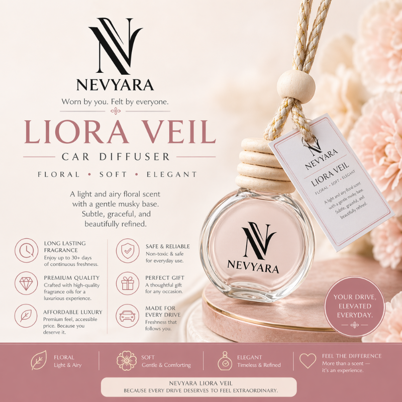 Nevyara Car Diffuser 10ml | Premium Long Lasting Car Perfume | Hanging Air Freshener | Liora Veil, Celune Sora, Aerion Blue, Dravyn Elix, Veyron Haze