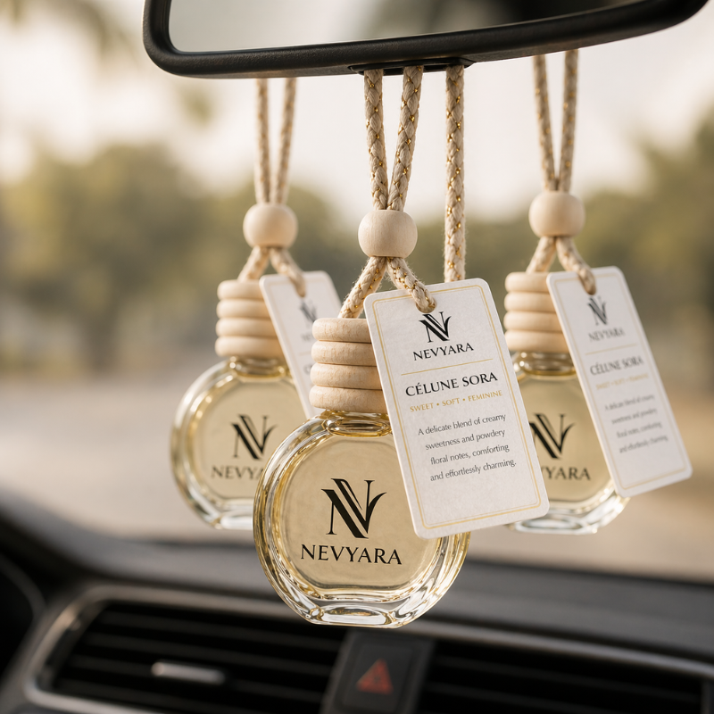 Nevyara Car Diffuser 10ml | Premium Long Lasting Car Perfume | Hanging Air Freshener | Liora Veil, Celune Sora, Aerion Blue, Dravyn Elix, Veyron Haze