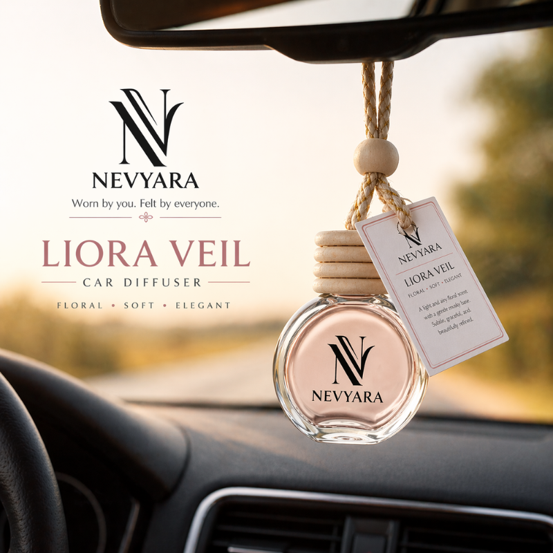 Nevyara Car Diffuser 10ml | Premium Long Lasting Car Perfume | Hanging Air Freshener | Liora Veil, Celune Sora, Aerion Blue, Dravyn Elix, Veyron Haze