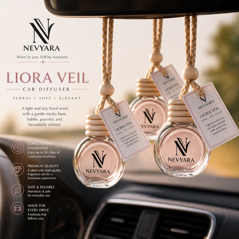 Nevyara Car Diffuser 10ml | Premium Long Lasting Car Perfume | Hanging Air Freshener | Liora Veil, Celune Sora, Aerion Blue, Dravyn Elix, Veyron Haze