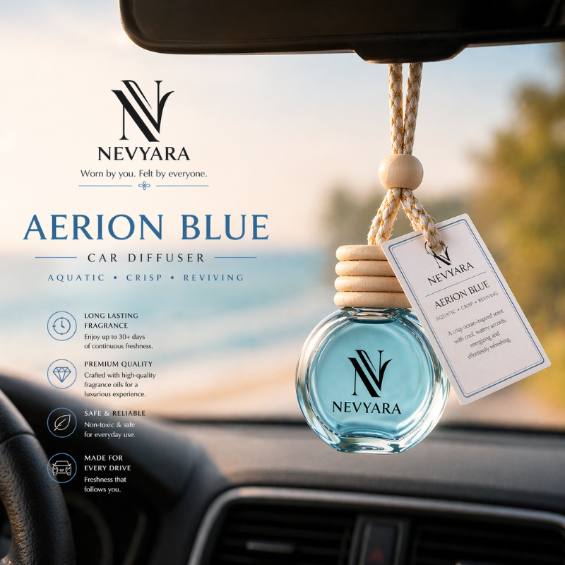 Nevyara Car Diffuser 10ml | Premium Long Lasting Car Perfume | Hanging Air Freshener | Liora Veil, Celune Sora, Aerion Blue, Dravyn Elix, Veyron Haze