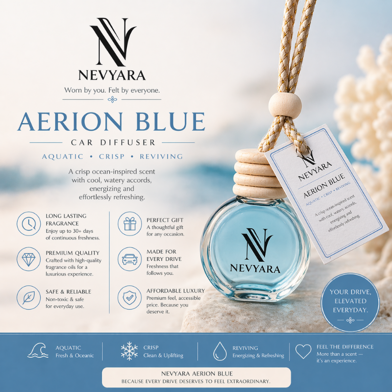 Nevyara Car Diffuser 10ml | Premium Long Lasting Car Perfume | Hanging Air Freshener | Liora Veil, Celune Sora, Aerion Blue, Dravyn Elix, Veyron Haze