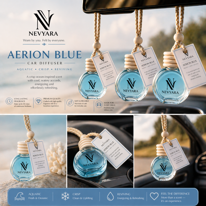 Nevyara Car Diffuser 10ml | Premium Long Lasting Car Perfume | Hanging Air Freshener | Liora Veil, Celune Sora, Aerion Blue, Dravyn Elix, Veyron Haze