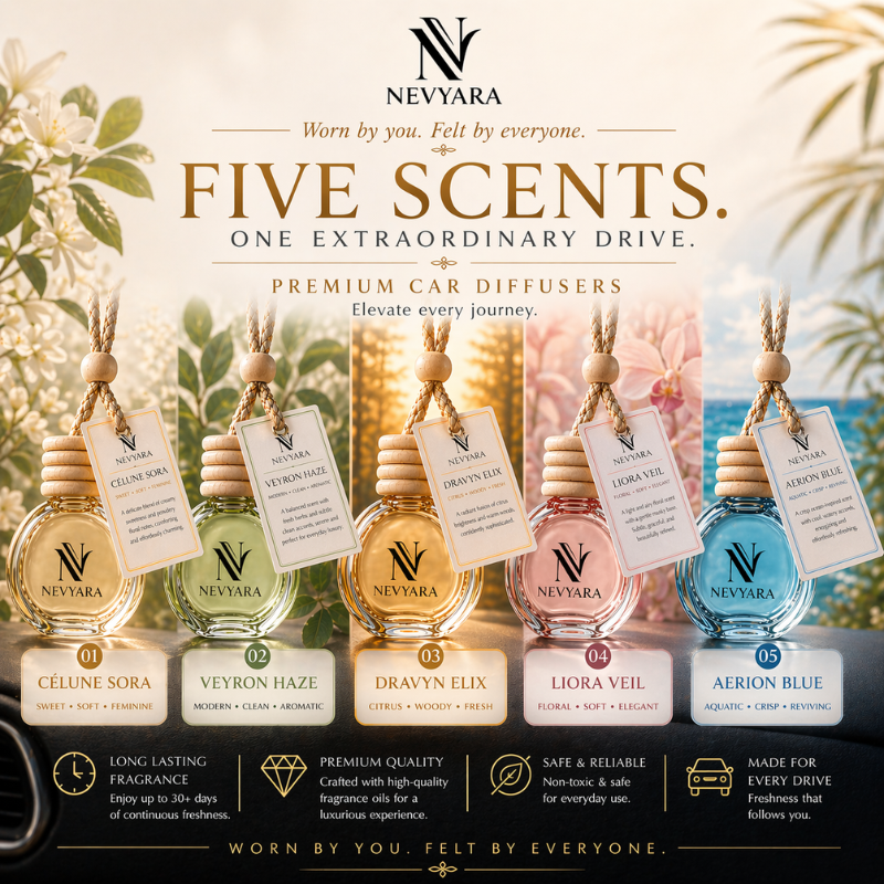 Nevyara Car Diffuser 10ml | Premium Long Lasting Car Perfume | Hanging Air Freshener | Liora Veil, Celune Sora, Aerion Blue, Dravyn Elix, Veyron Haze