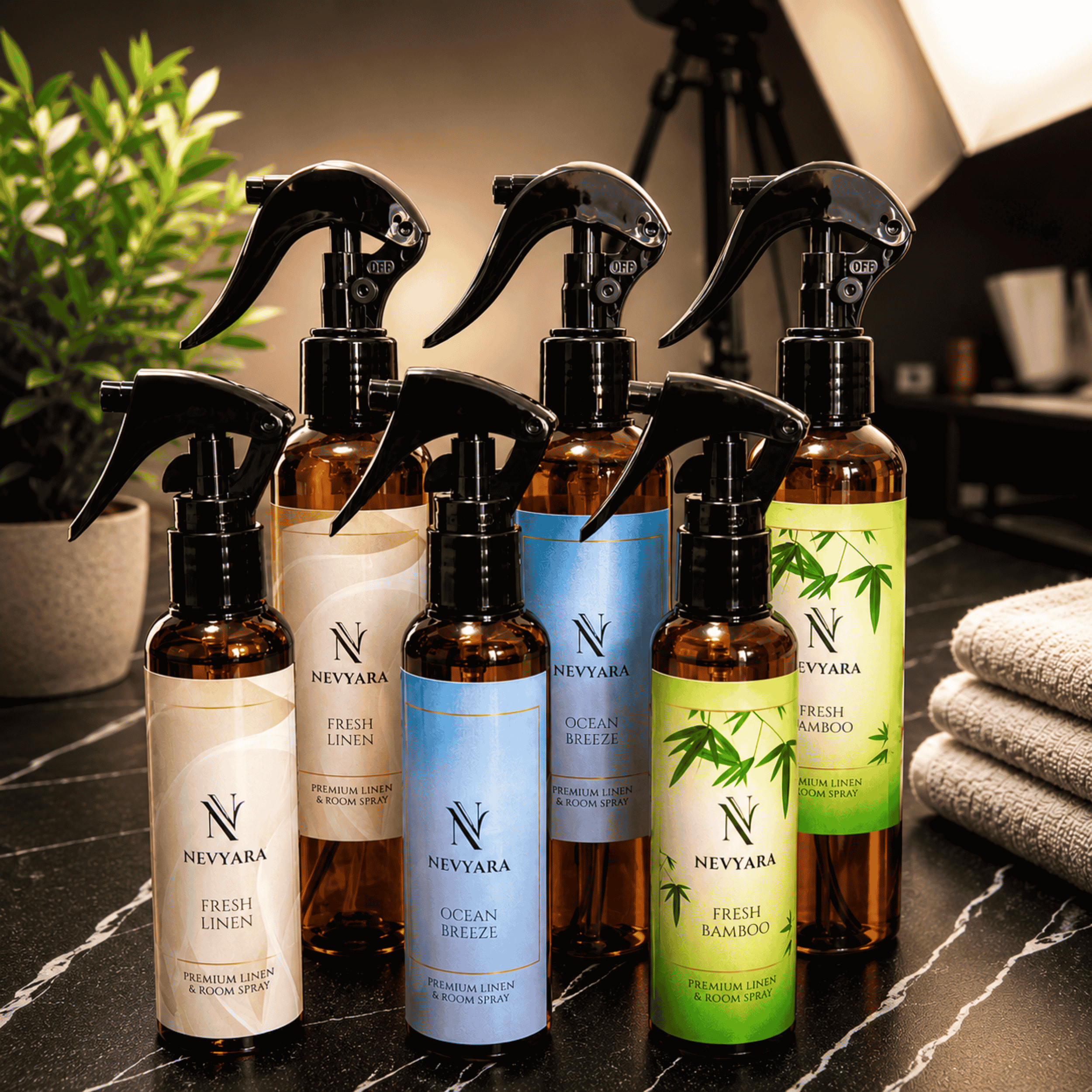 Nevyara Air Freshener | Linen & Room Spray, Long Lasting, Antibacterial | Fresh Bamboo / Fresh Linen / Ocean Breeze 100-250ml