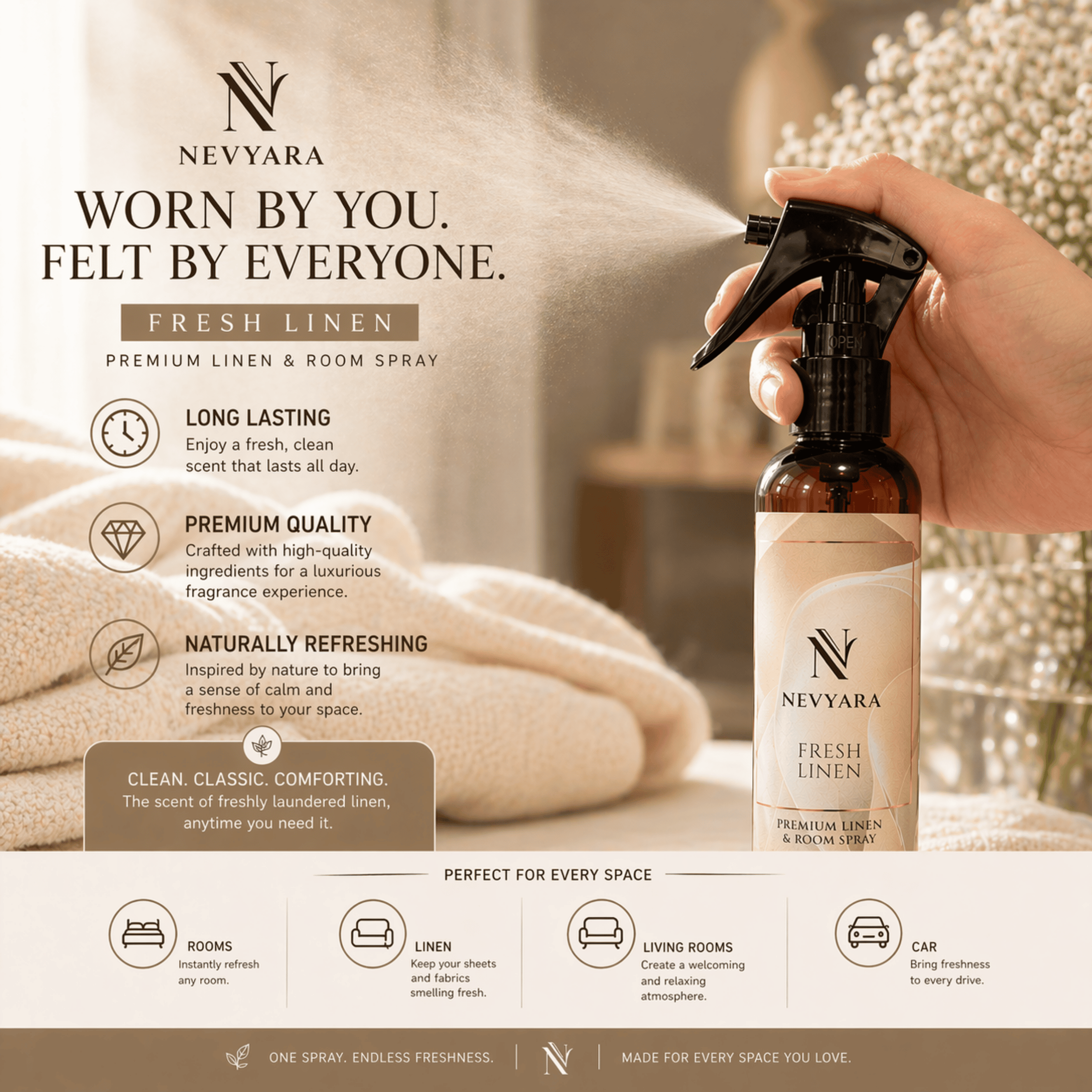 Nevyara Air Freshener | Linen & Room Spray, Long Lasting, Antibacterial | Fresh Bamboo / Fresh Linen / Ocean Breeze 100-250ml