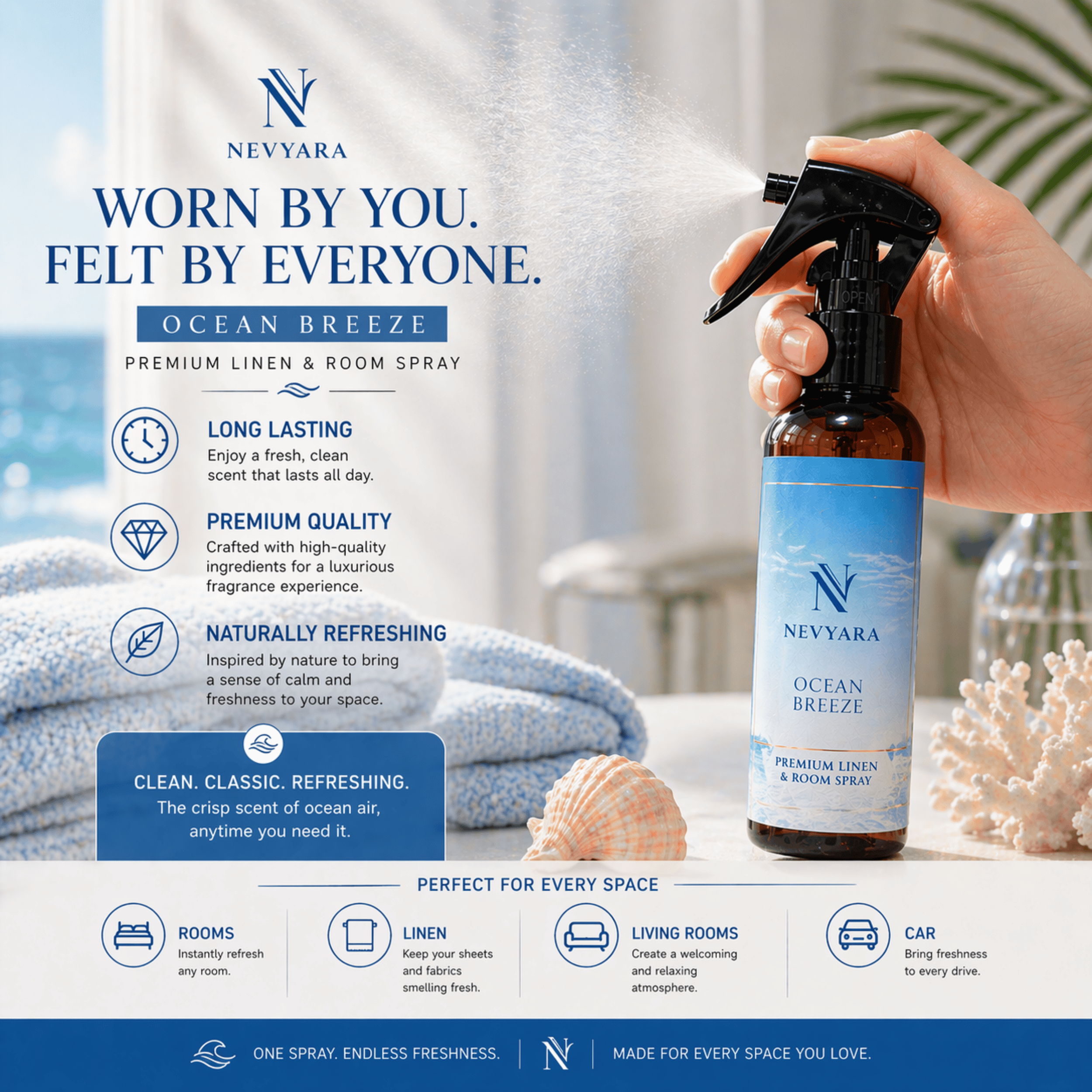 Nevyara Air Freshener | Linen & Room Spray, Long Lasting, Antibacterial | Fresh Bamboo / Fresh Linen / Ocean Breeze 100-250ml