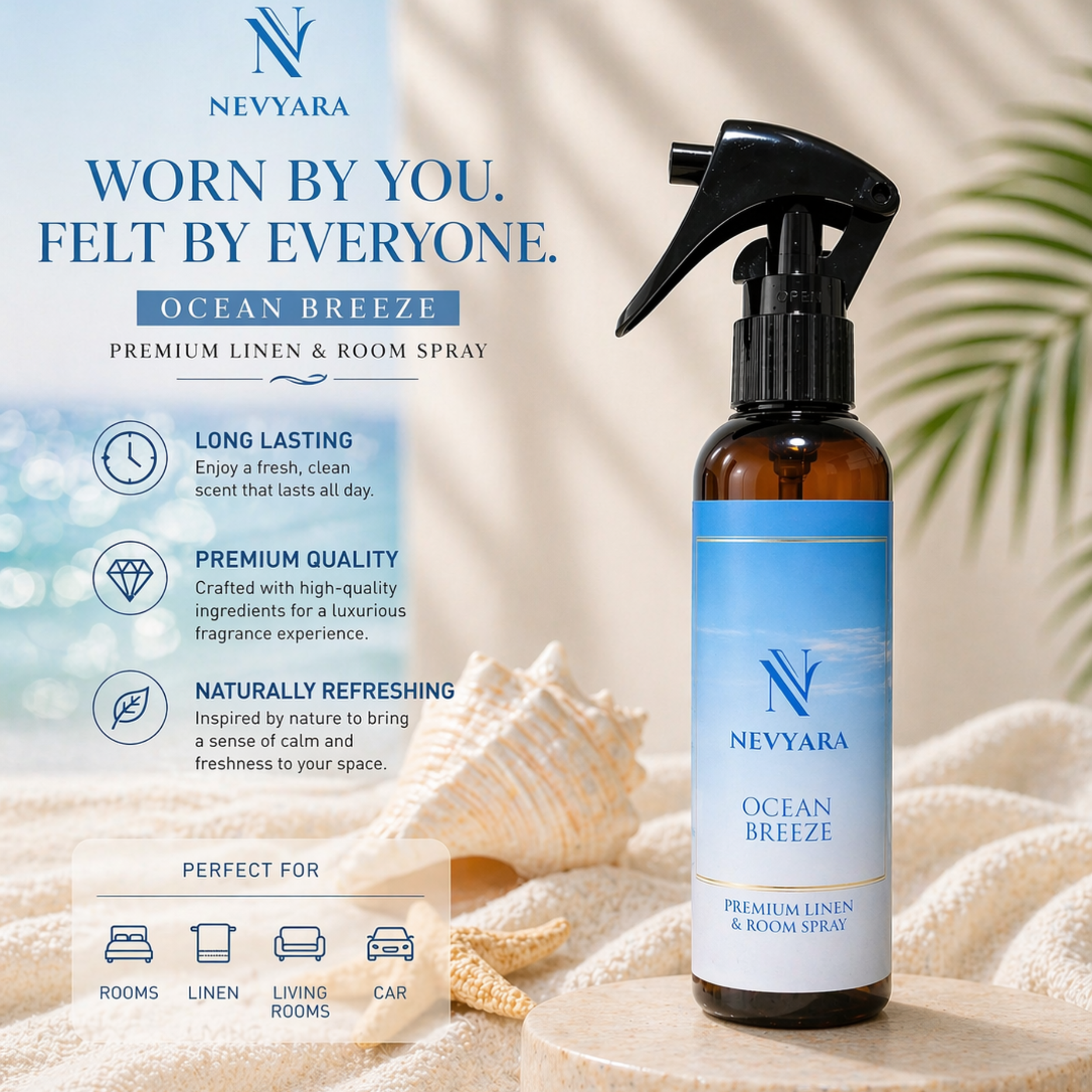 Nevyara Air Freshener | Linen & Room Spray, Long Lasting, Antibacterial | Fresh Bamboo / Fresh Linen / Ocean Breeze 100-250ml