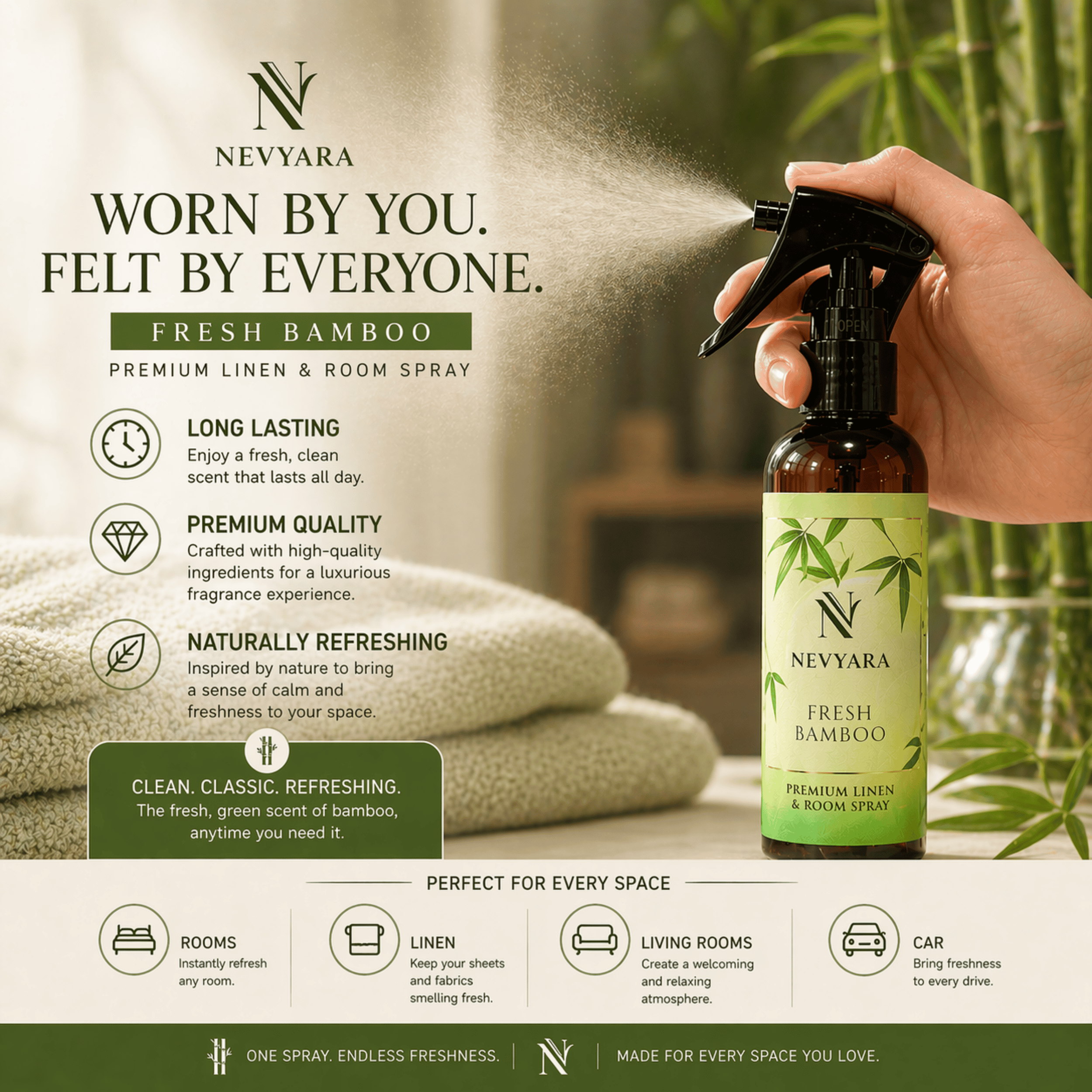 Nevyara Air Freshener | Linen & Room Spray, Long Lasting, Antibacterial | Fresh Bamboo / Fresh Linen / Ocean Breeze 100-250ml