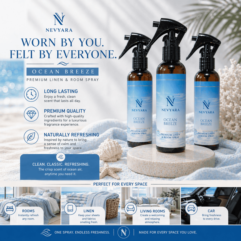 Nevyara Air Freshener | Linen & Room Spray, Long Lasting, Antibacterial | Fresh Bamboo / Fresh Linen / Ocean Breeze 100-250ml