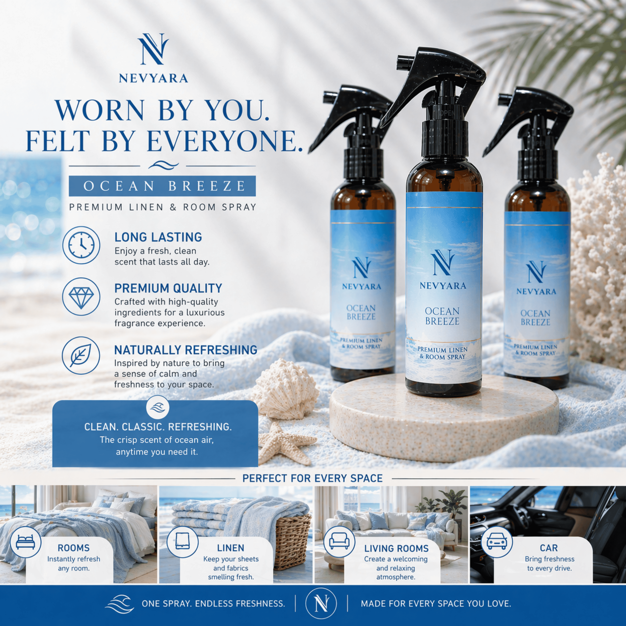 Nevyara Air Freshener | Linen & Room Spray, Long Lasting, Antibacterial | Fresh Bamboo / Fresh Linen / Ocean Breeze 100-250ml