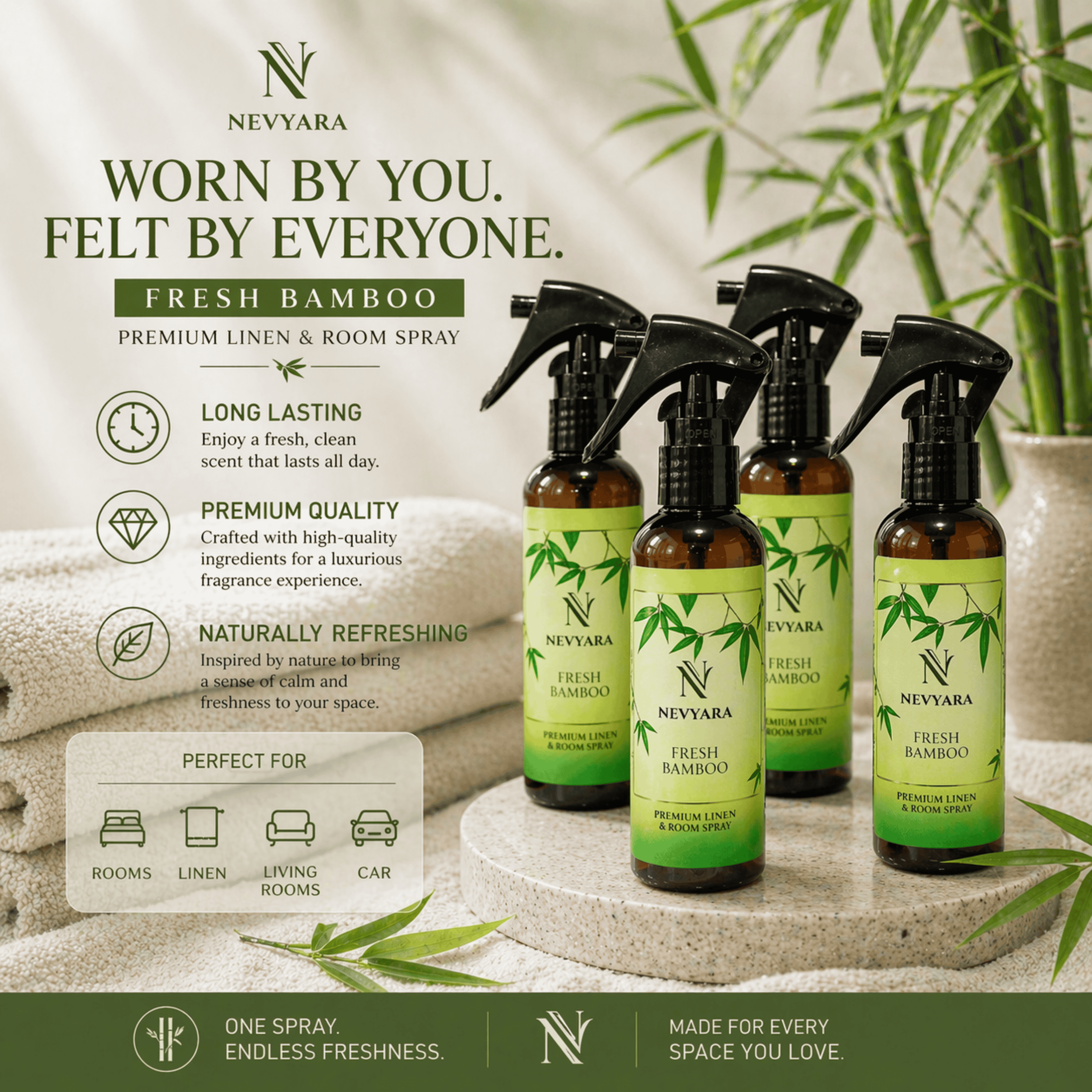 Nevyara Air Freshener | Linen & Room Spray, Long Lasting, Antibacterial | Fresh Bamboo / Fresh Linen / Ocean Breeze 100-250ml