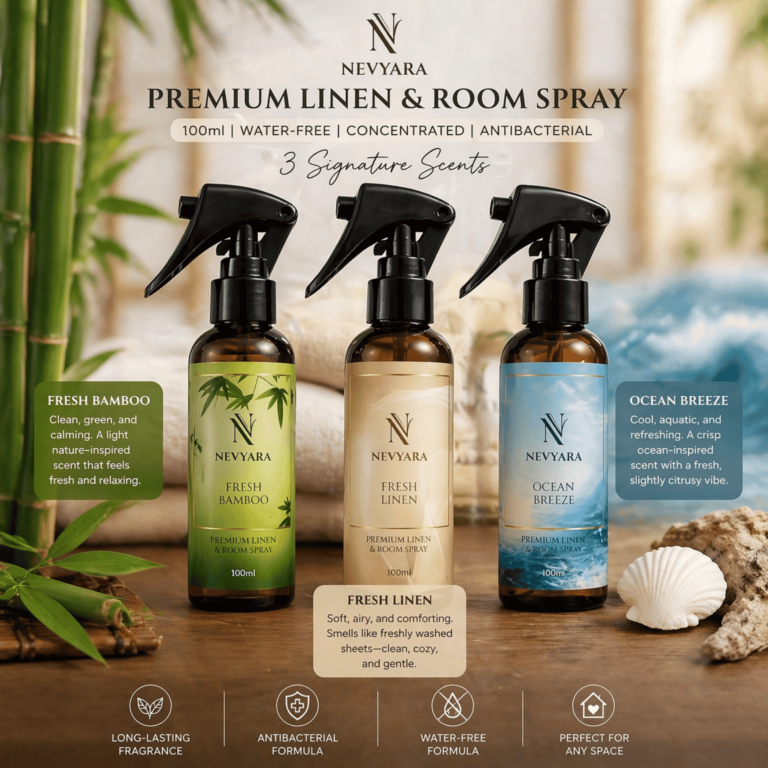 Nevyara Air Freshener | Linen & Room Spray, Long Lasting, Antibacterial | Fresh Bamboo / Fresh Linen / Ocean Breeze 100-250ml