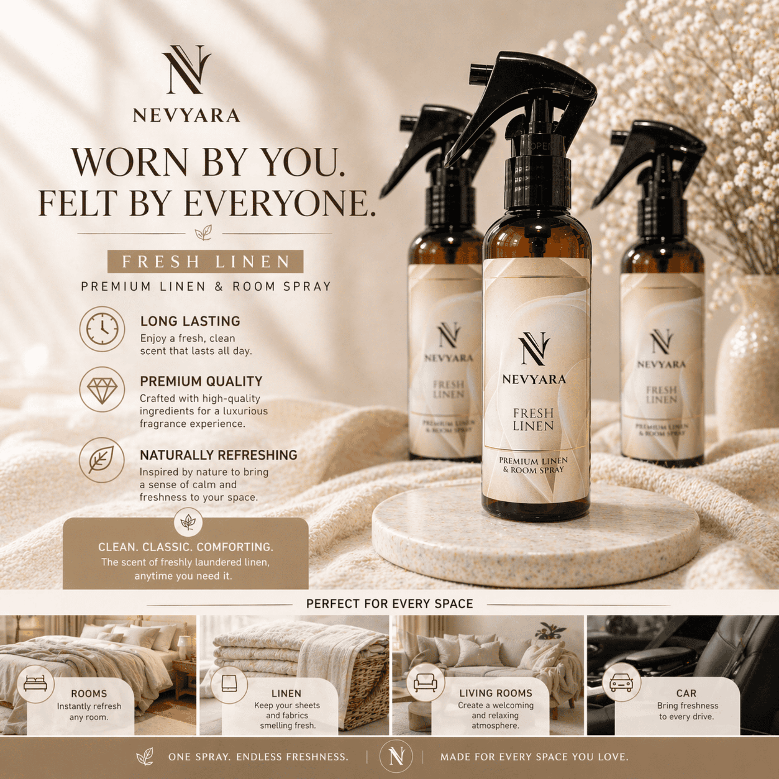 Nevyara Air Freshener | Linen & Room Spray, Long Lasting, Antibacterial | Fresh Bamboo / Fresh Linen / Ocean Breeze 100-250ml