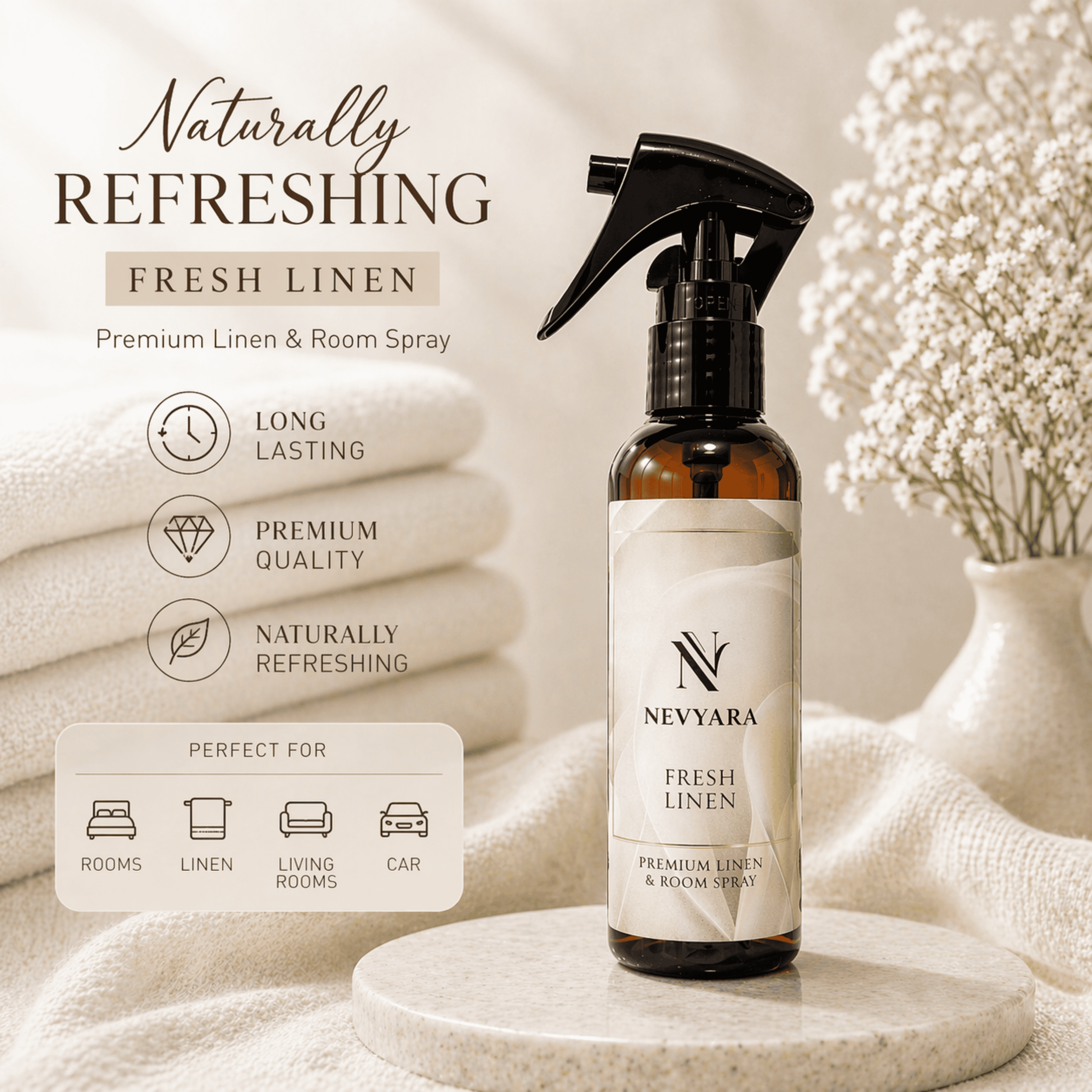 Nevyara Air Freshener | Linen & Room Spray, Long Lasting, Antibacterial | Fresh Bamboo / Fresh Linen / Ocean Breeze 100-250ml